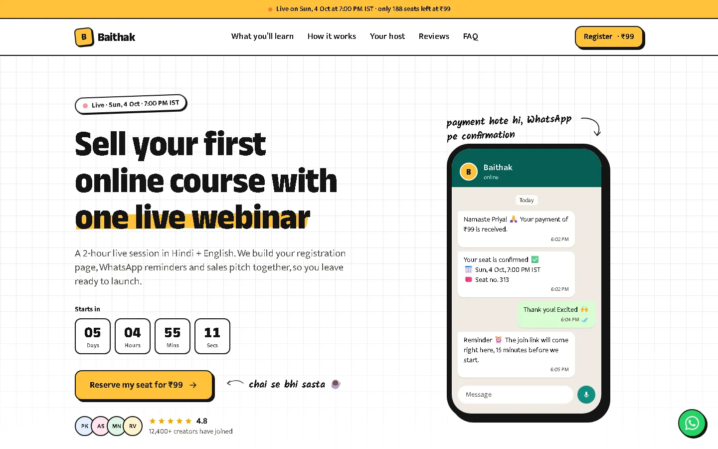Baithak — live webinar registration page with countdown, seat booking and WhatsApp confirmation