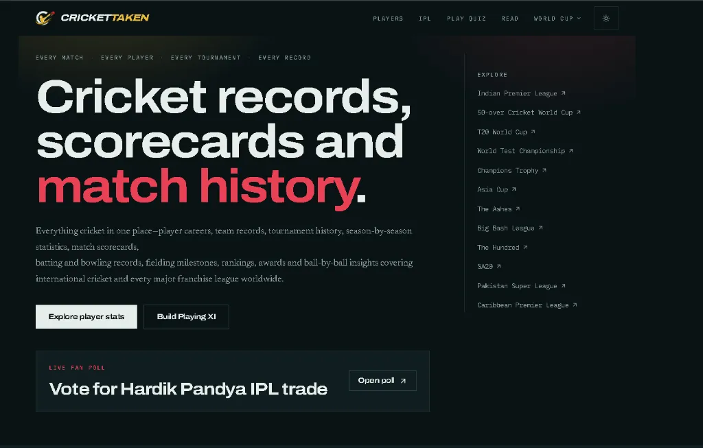 CricketTaken — Cricket records, scorecards and match history platform