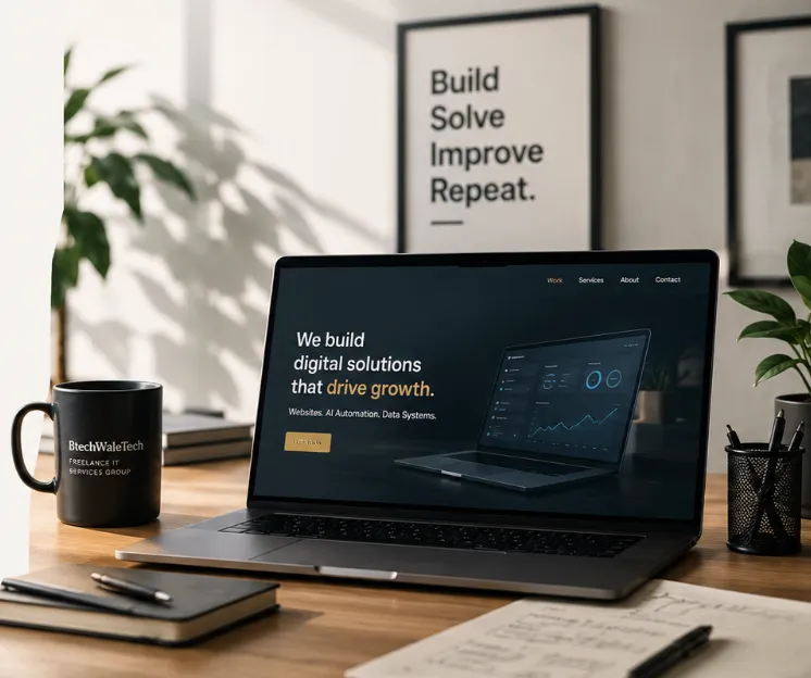 BtechWaleTech workspace — laptop showing digital solutions, branded coffee mug, notebooks and office setup