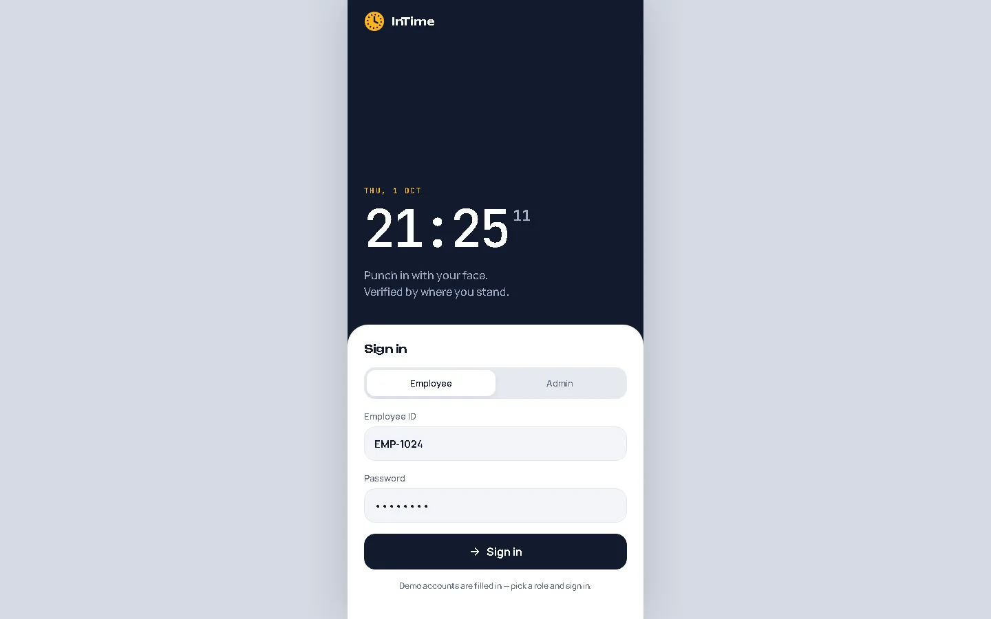 InTime attendance app sign-in screen with live clock and face punch-in